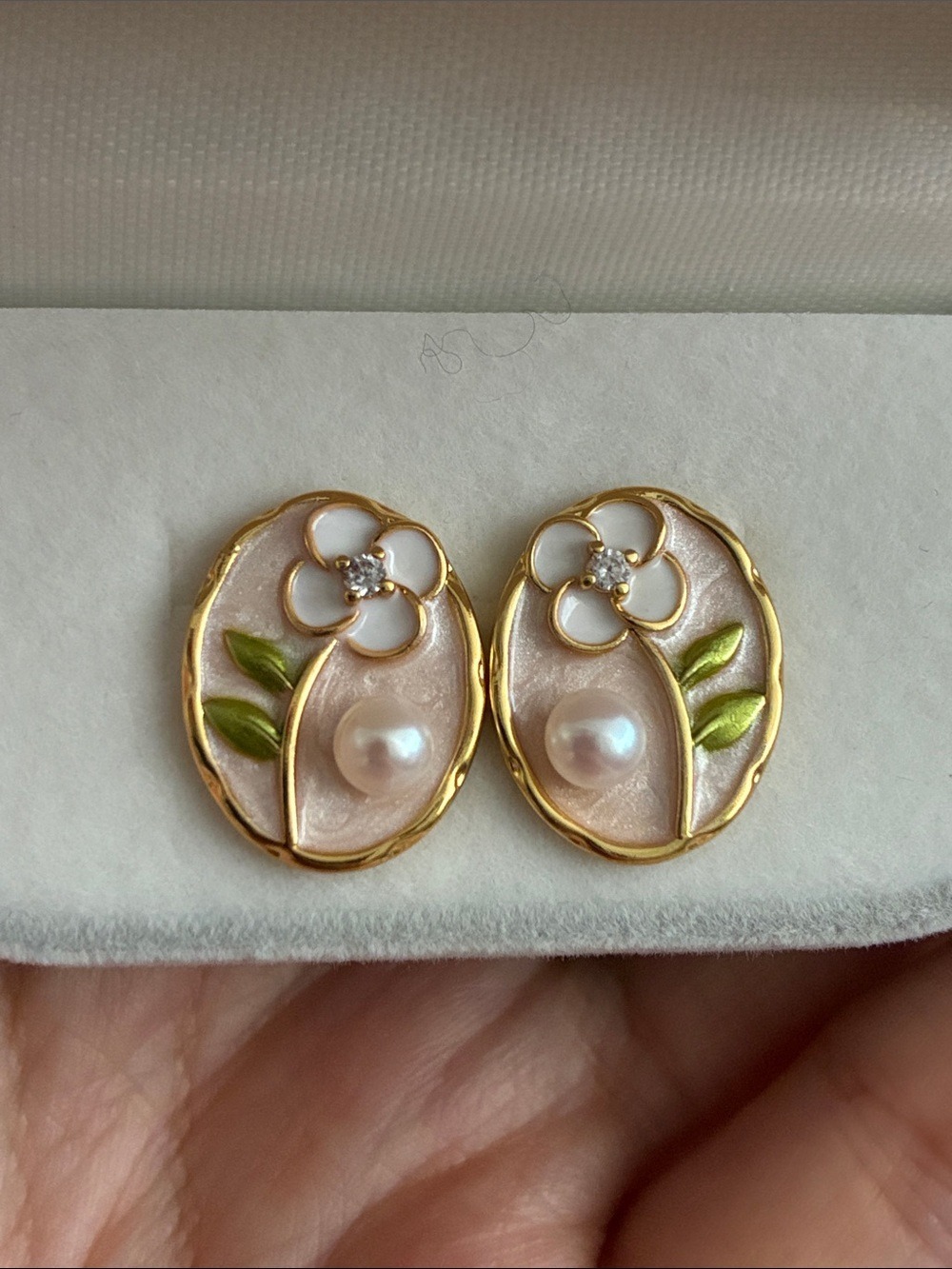 Gold-Trim Pink Enamel Floral Pearl Stud Earrings